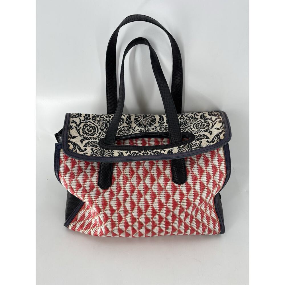 Stuart Weitzman Tote Bag Woven Red Blue Straw Weave Artisan Top Handles Designer